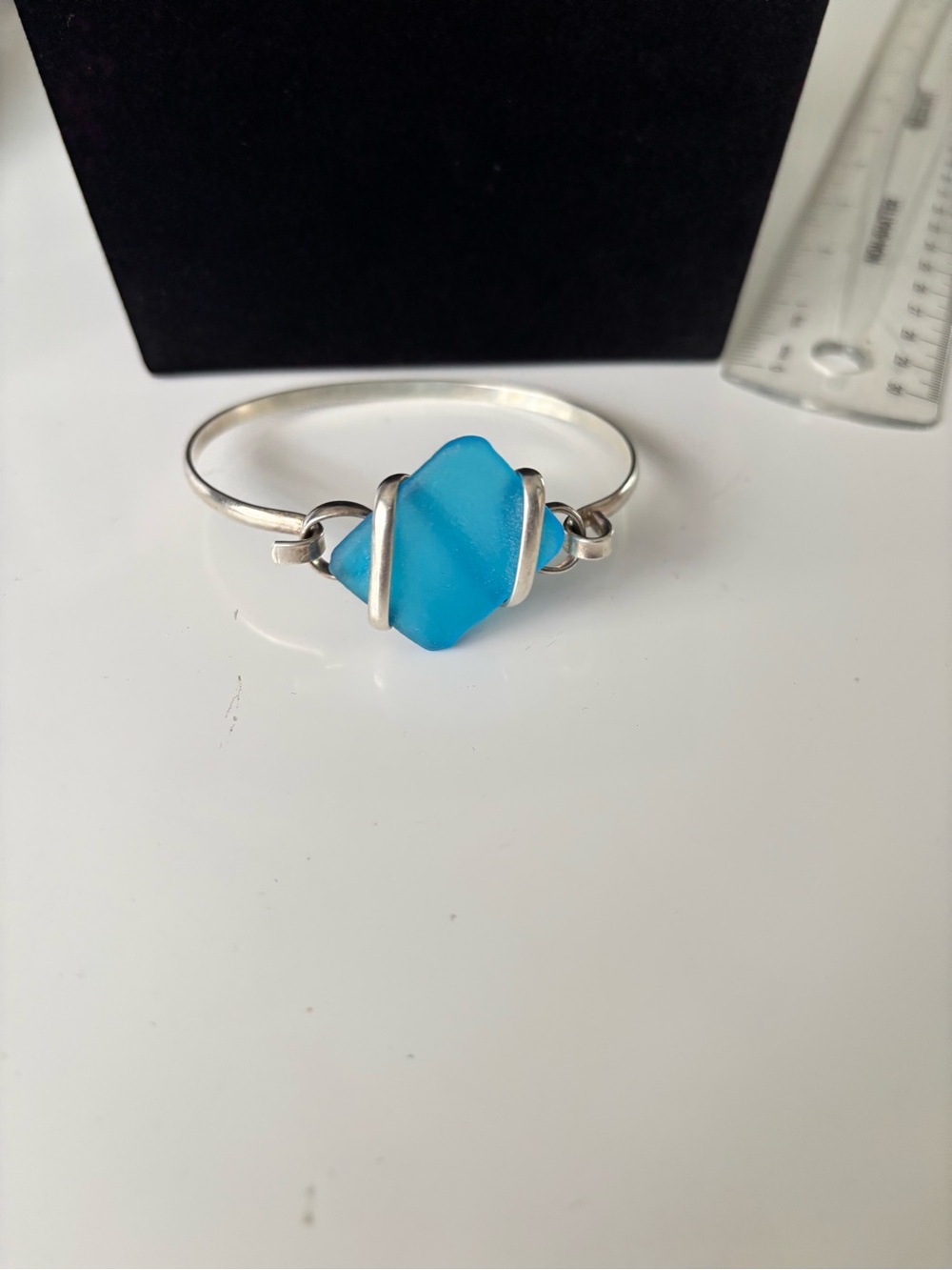 Blue Sea Glass Silver Bangle Bracelet